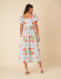 Blue Tile Print Floral Joanna Midi Dress