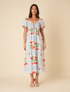 Blue Tile Print Floral Joanna Midi Dress