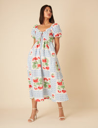 Blue Tile Print Floral Joanna Midi Dress