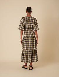 Black And Beige Check Puff Sleeve Tiered Roselena Midi Dress