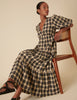 Black And Beige Check Puff Sleeve Tiered Roselena Midi Dress