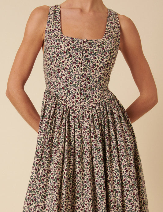Cream Ditsy Floral Drop Waist Cora Midi Dress