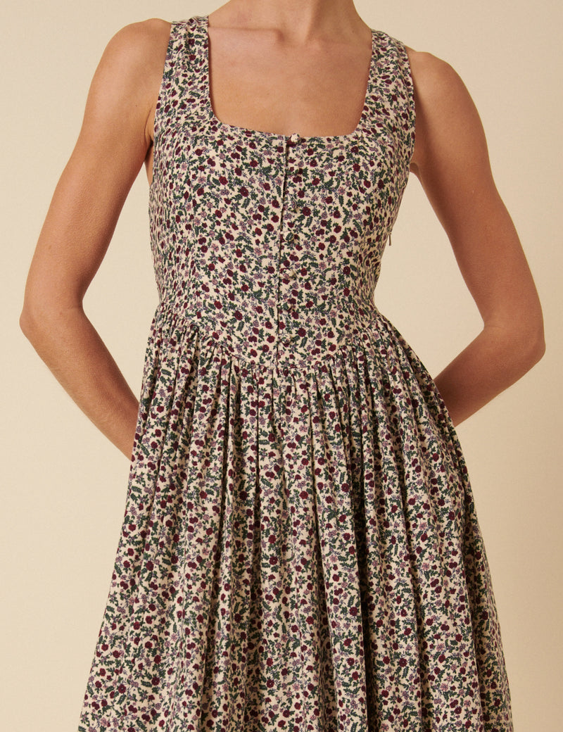 Cream Ditsy Floral Drop Waist Cora Midi Dress