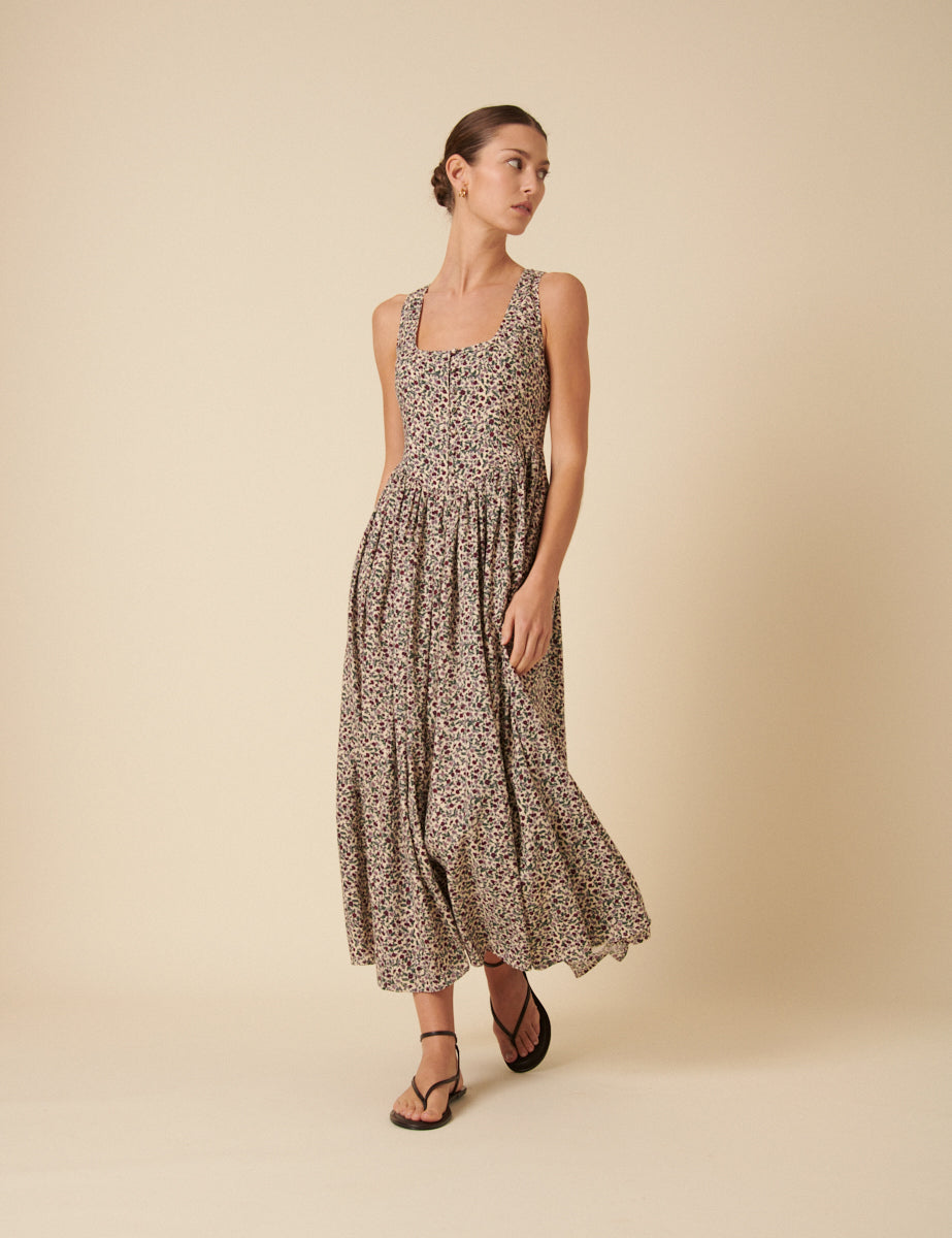 Cream Ditsy Floral Drop Waist Cora Midi Dress