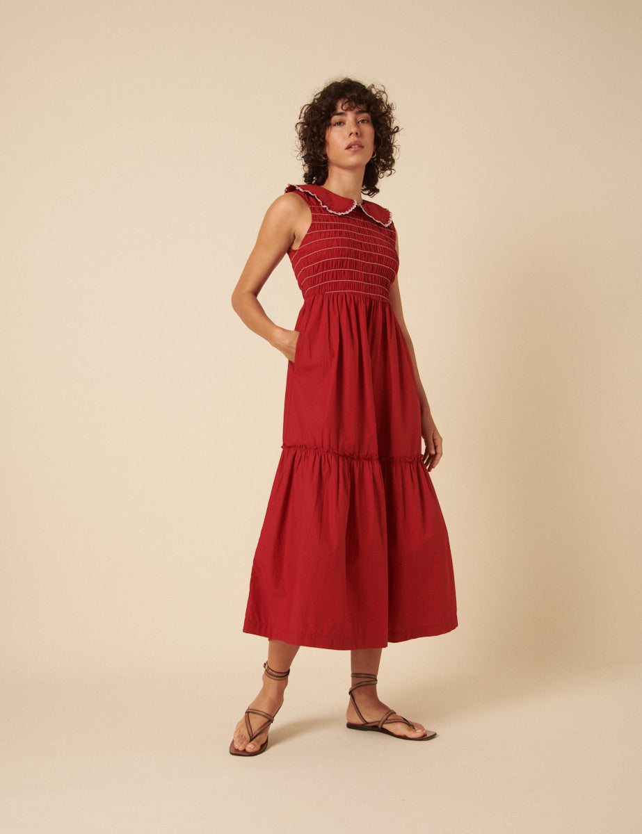 Red Ruched Collar Tiered Teresa Midi Dress Red Ruched Collar Tiered Teresa Midi Dress
