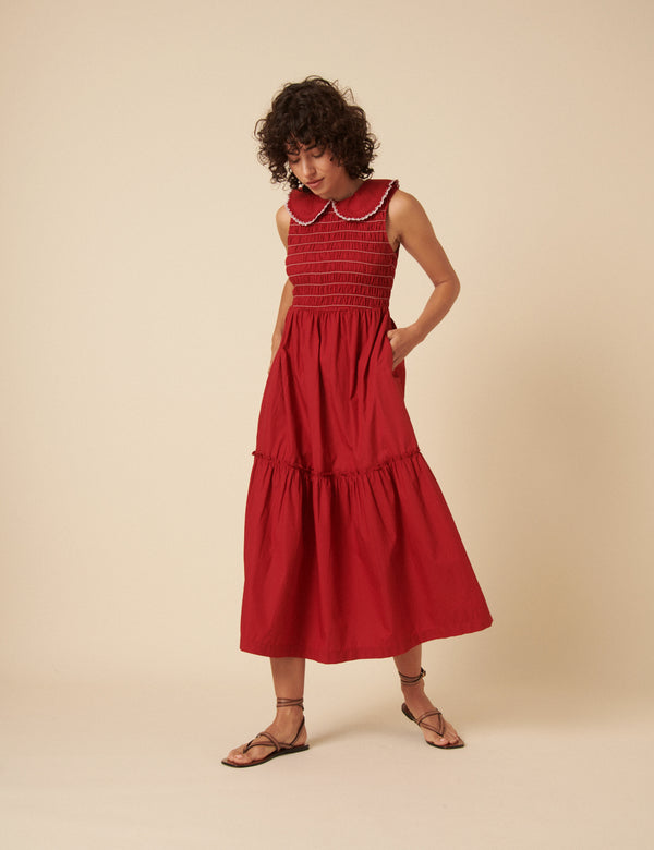 Red Ruched Collar Tiered Teresa Midi Dress
