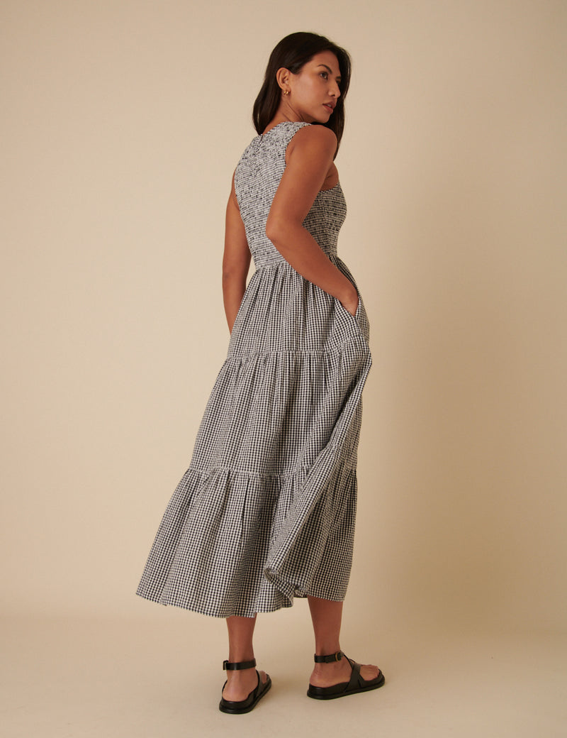 Black Gingham Sleeveless Tiered Charlie Midi Dress