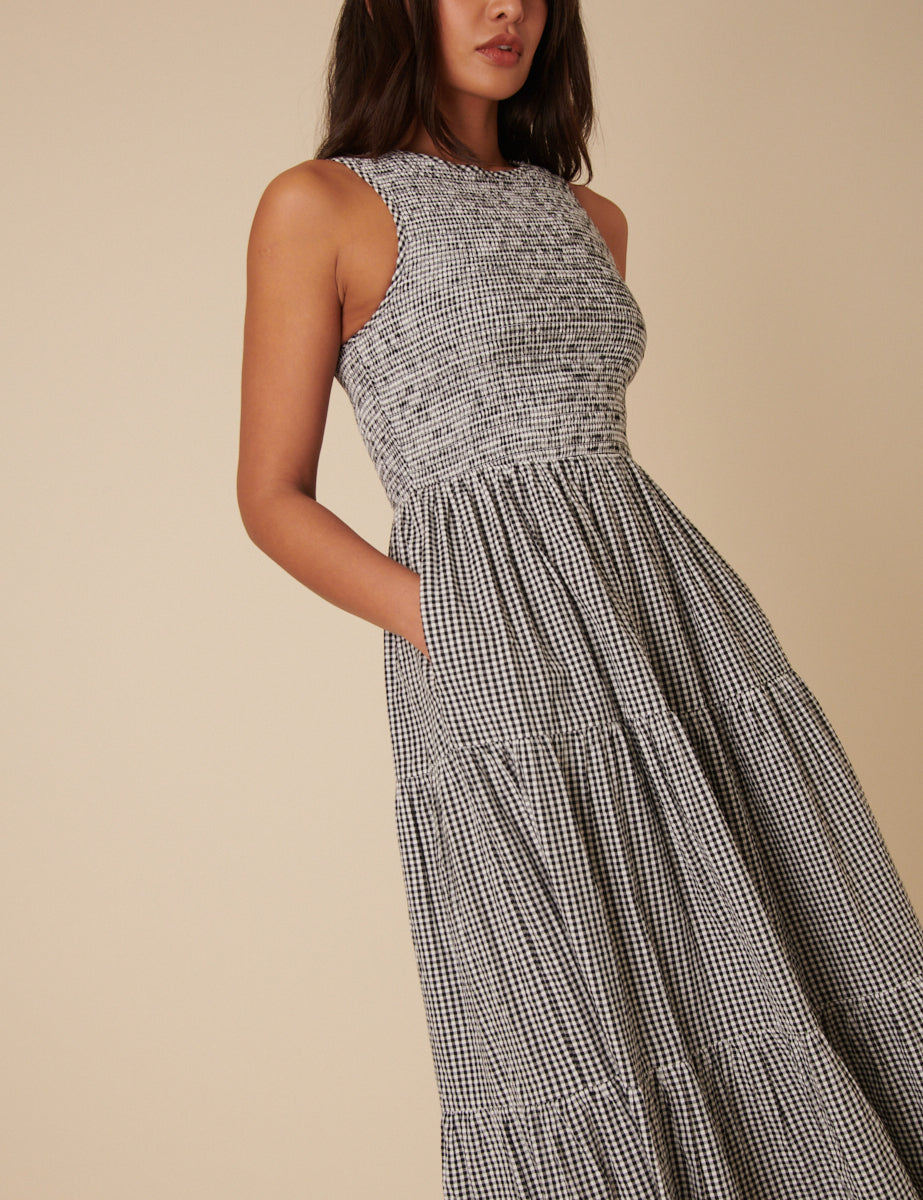 Black Gingham Sleeveless Tiered Charlie Midi Dress Black Gingham Sleeveless Tiered Charlie Midi Dress