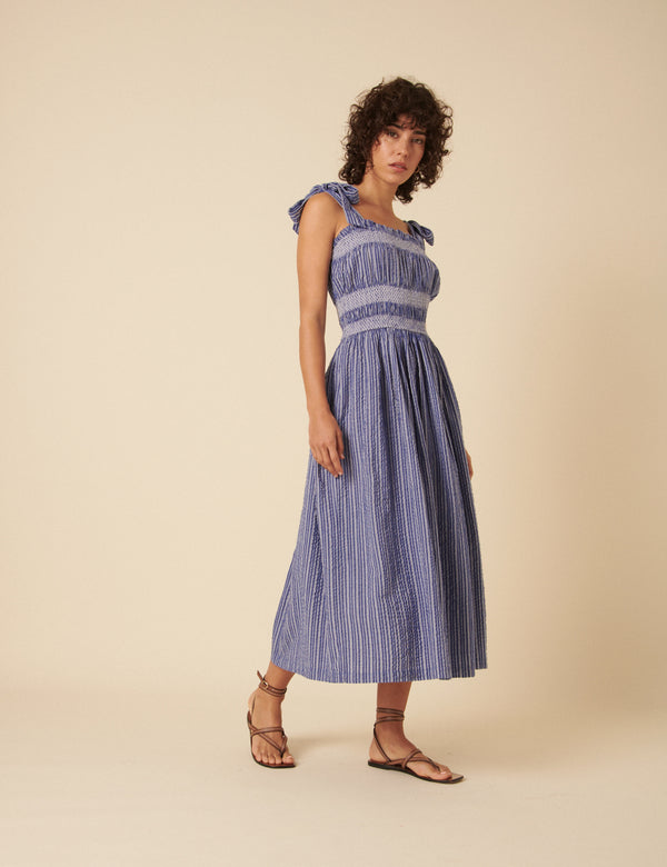 Blue Striped Ruched Marissa Midi Dress