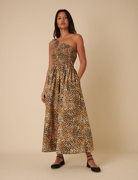Midi Dress One Shoulder Animal Print Dress Petite Jacquard Satin