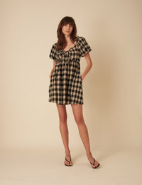Black And Beige Check Puff Sleeve Mini Dress