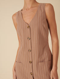 Beige Pinstripe Claudette Pinafore Mini Dress