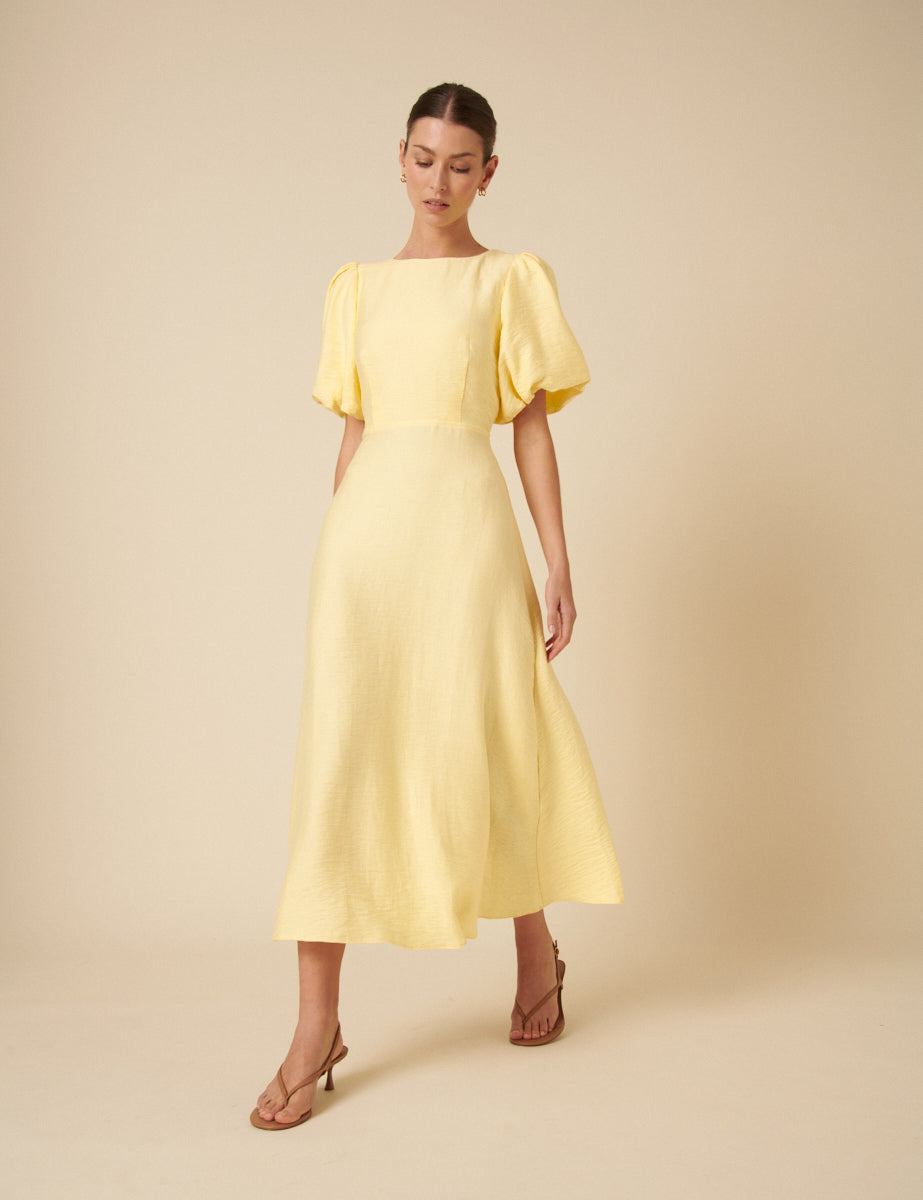 Butter Yellow Puff Sleeve Zola Midi Dress - Main Image
