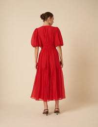 Red Puff Sleeve Brea Midi Dress