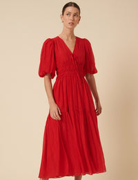 Red Puff Sleeve Brea Midi Dress