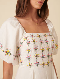 White Floral Puff Sleeve Demi Midi Dress