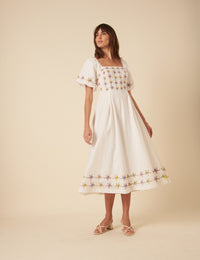 White Floral Puff Sleeve Demi Midi Dress