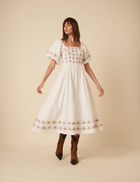 White Floral Puff Sleeve Demi Midi Dress