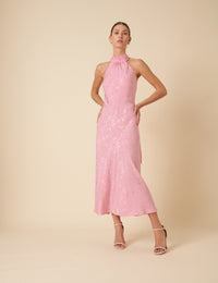 Pink Floral Satin Jacquard Tie Neck Fifi Midi Dress