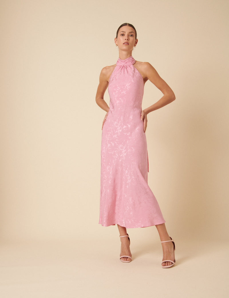 Pink Floral Satin Jacquard Tie Neck Fifi Midi Dress