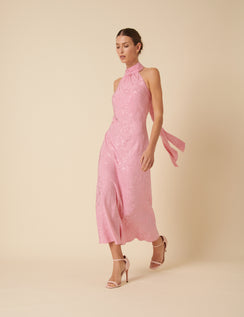 Pink Floral Satin Fifi Midi Dress