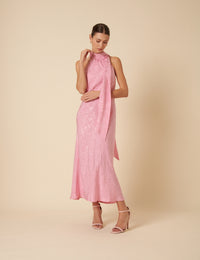 Pink Floral Satin Jacquard Tie Neck Fifi Midi Dress