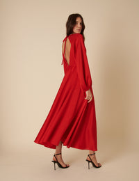 Red Balloon Sleeve Ace Maxi Dress