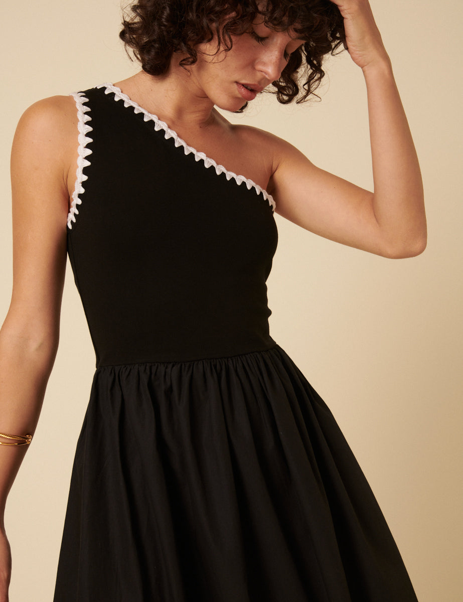 Black One Shoulder Crochet Trim Sabrina Midi Dress