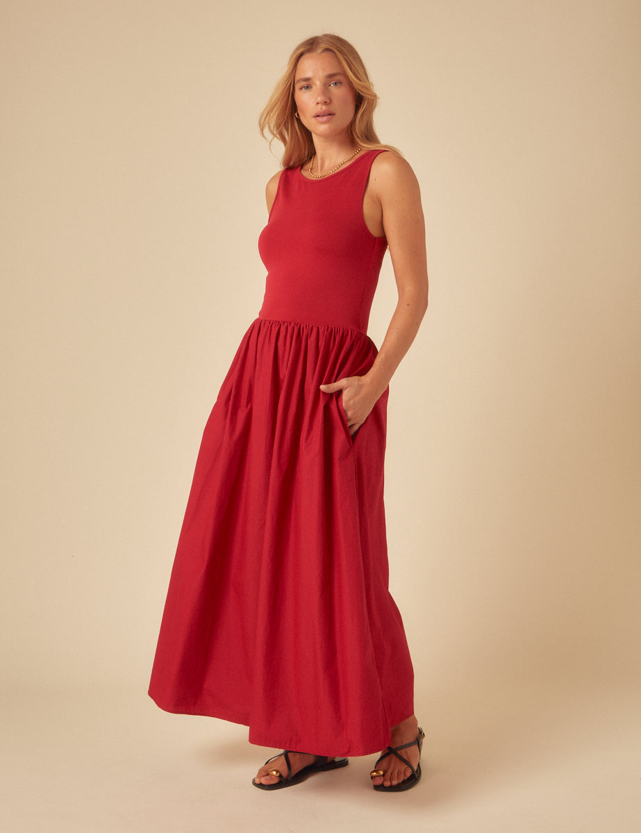Red Drop Waist Vera Midi Dress