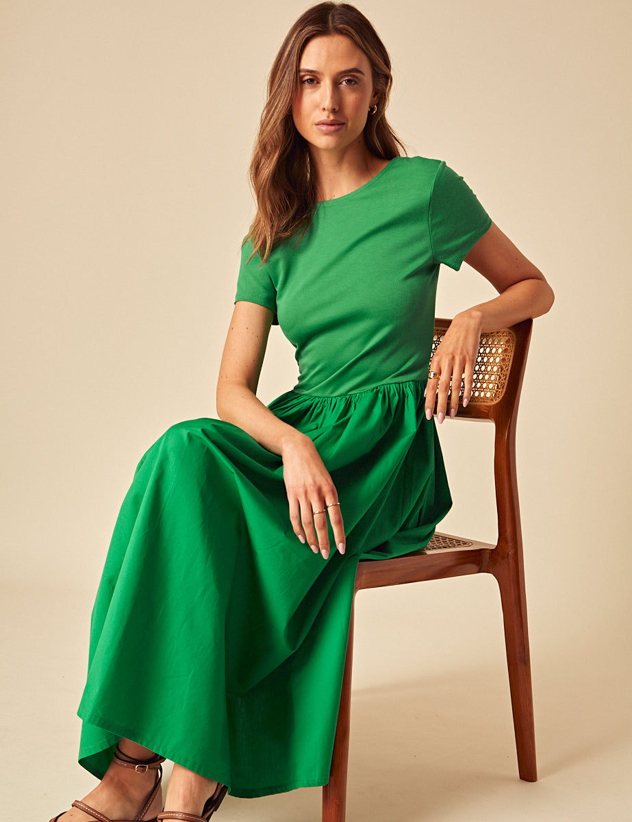Green Short Sleeve A-line Sarah Midi Dress
