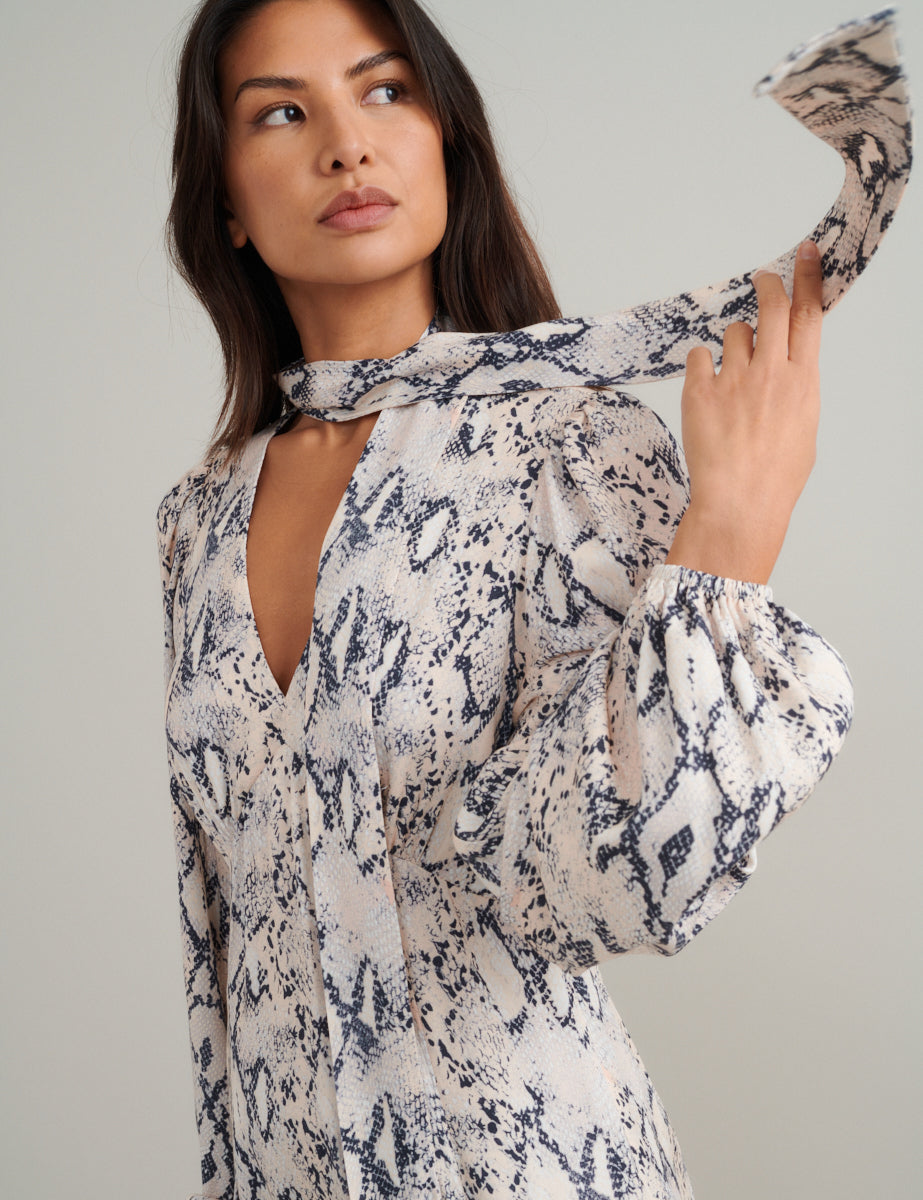 midi snake print dress Gathered Snake Print Midi Dress ESTHE