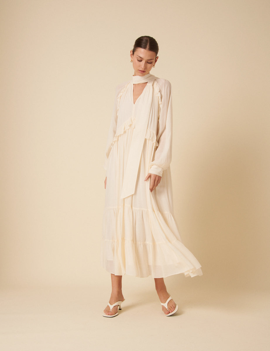 White Ruffle Bohana Midi Dress White Ruffle Bohana Midi Dress