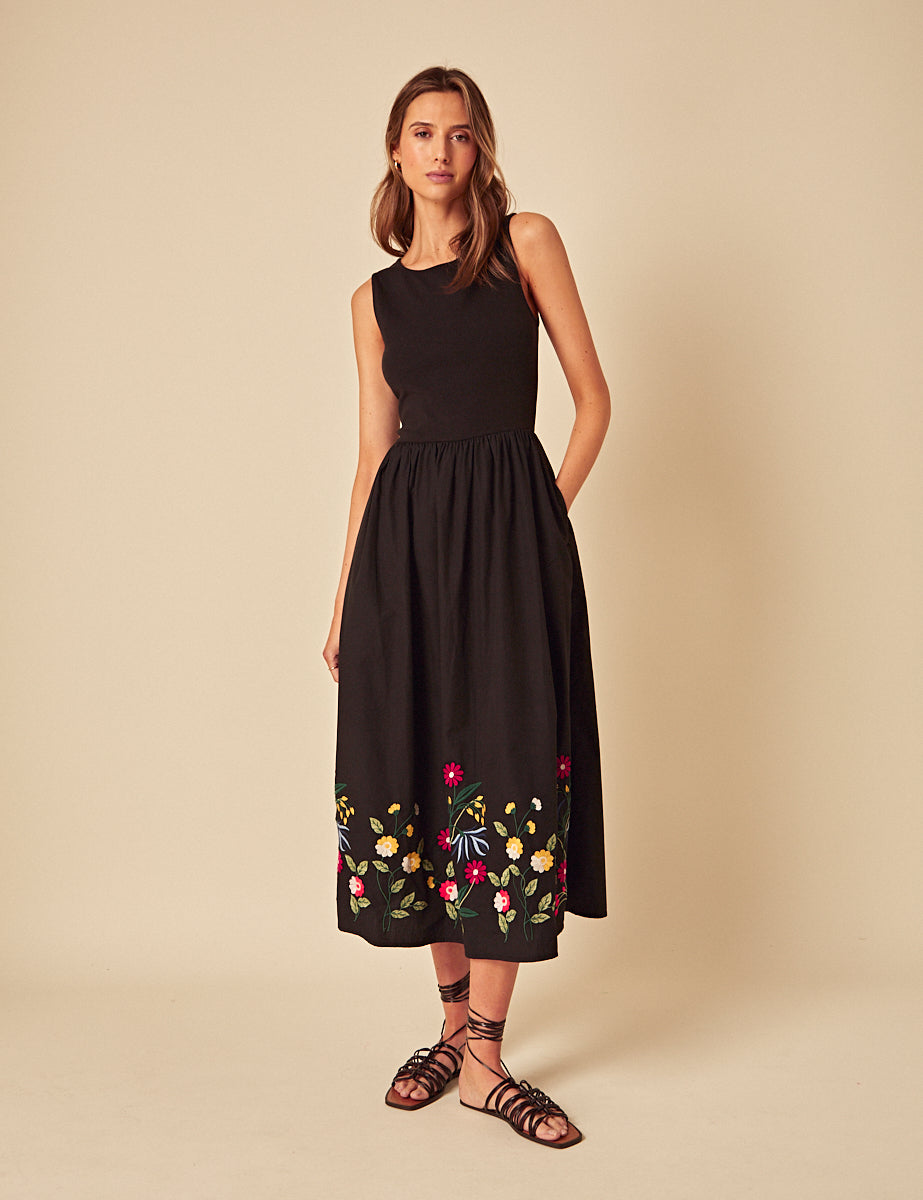 Black Floral Embroidered Hem Midi Dress