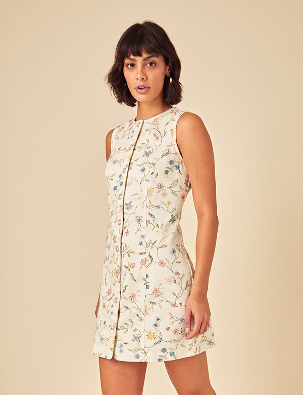 White Floral Embroidered Ned Mini Dress