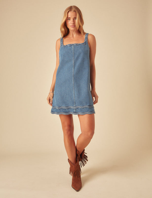 Blue Denim A-line Violet Mini Dress