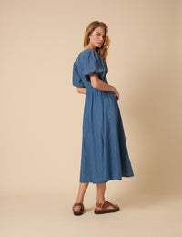 Blue Denim Ruched Sunni Midi Dress