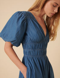 Blue Denim Ruched Sunni Midi Dress