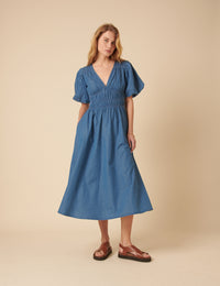 Blue Denim Ruched Sunni Midi Dress