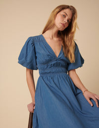 Blue Denim Ruched Sunni Midi Dress