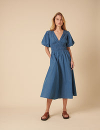 Blue Denim Ruched Sunni Midi Dress