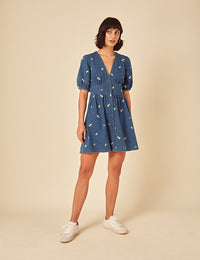 Denim Floral Embroidered Mini Dress