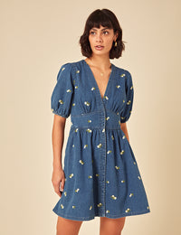 Denim Floral Embroidered Mini Dress