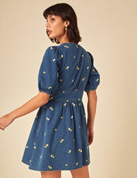 Denim Floral Embroidered Mini Dress