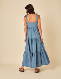 Blue Denim Tiered Midi Smock Dress