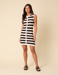 Black And White Striped Mock Crochet Mini Beach Dress