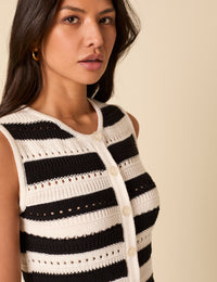 Black And White Striped Mock Crochet Mini Beach Dress