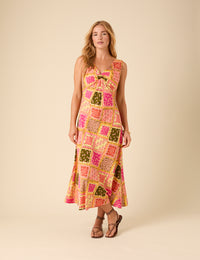 Yellow Patchwork Twist Front Athena Midi Dress