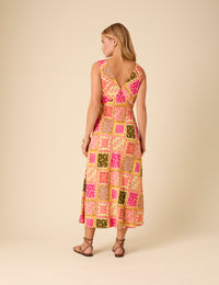 Yellow Patchwork Twist Front Athena Midi Dress