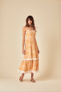 Yellow Paisley Print Tiered Ray Midi Dress