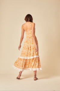 Yellow Paisley Print Tiered Ray Midi Dress